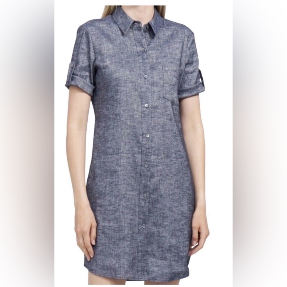 Woman THEORY blue Chambray Mayvine Linen Blend S/s Shirt Dress Sz 6 EUC Button